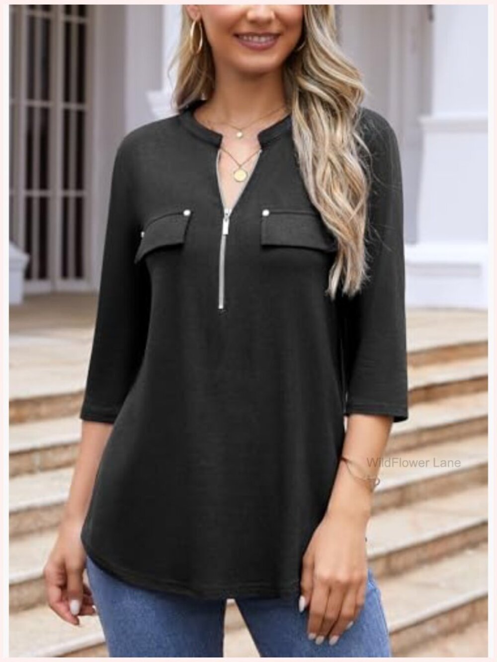 3/4 Sleeve Tunic with Leggings V-Neck Zipper Casual Blouse - Picture 2 of 7